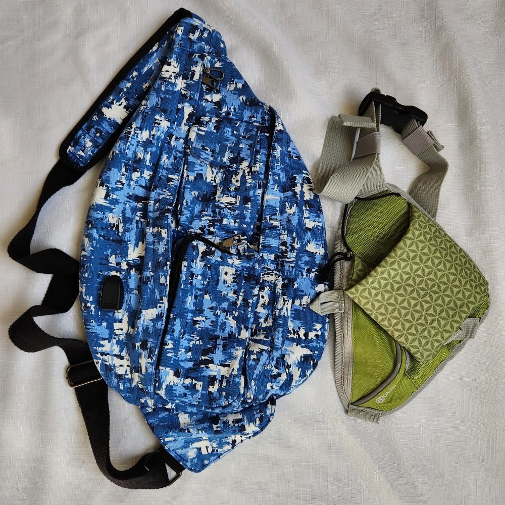 Blue Canvas Crossbody Bag with USB Port + GAIAM Green Waist Bag for 1 Price
